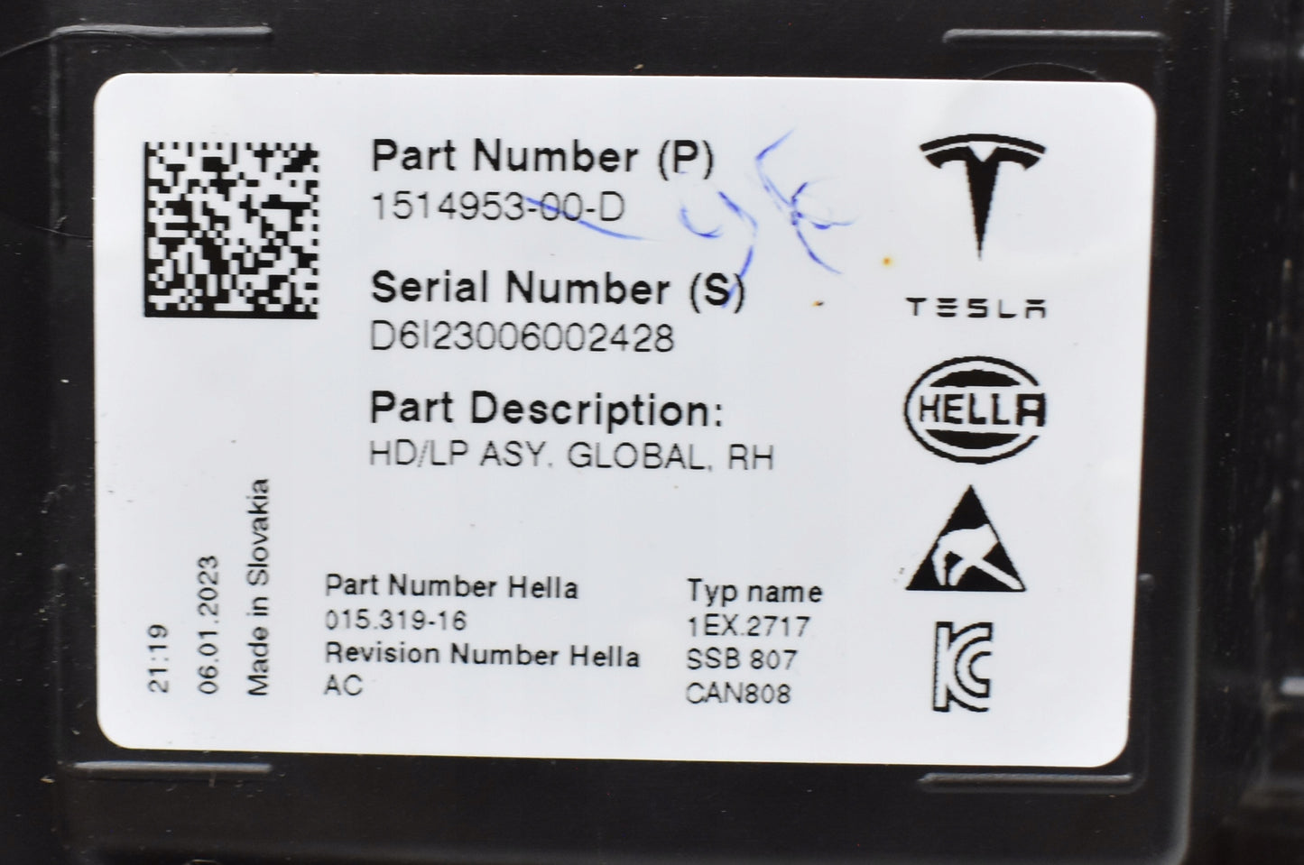 TESLA MODEL Y RIGHT FRONT HEADLIGHT EU ORG